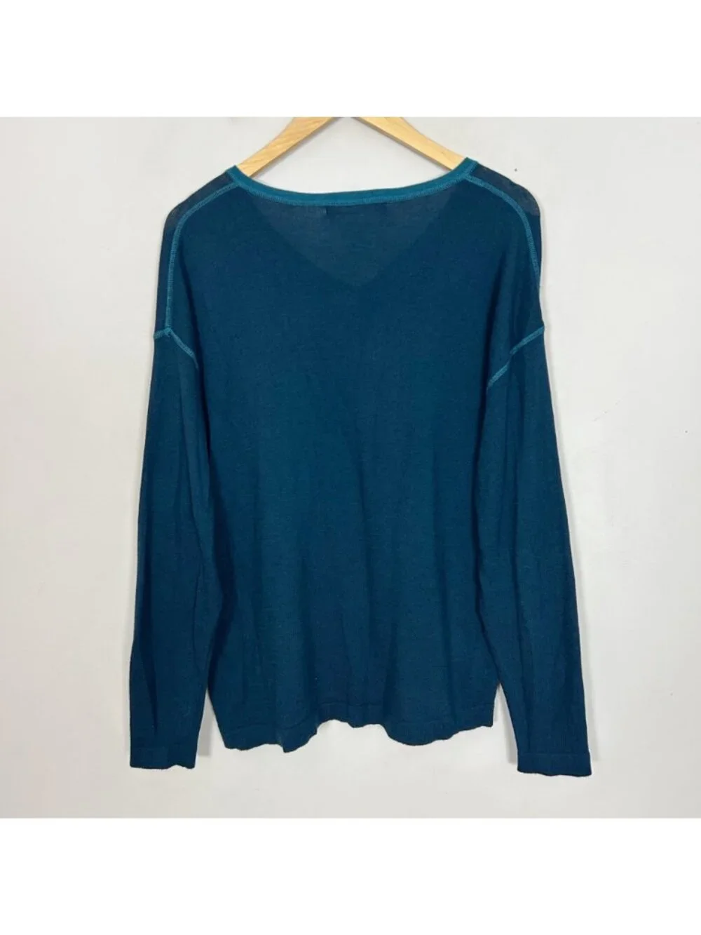 Mersea Delmar Deep Teal V-neck Sweater Contrast Stitching Size Petite One Size